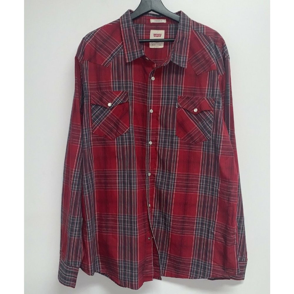 Levis Mens  Standard Fit Long Sleeve Western Pearl Snap Shirt Size XXL Red Plaid - Picture 1 of 5